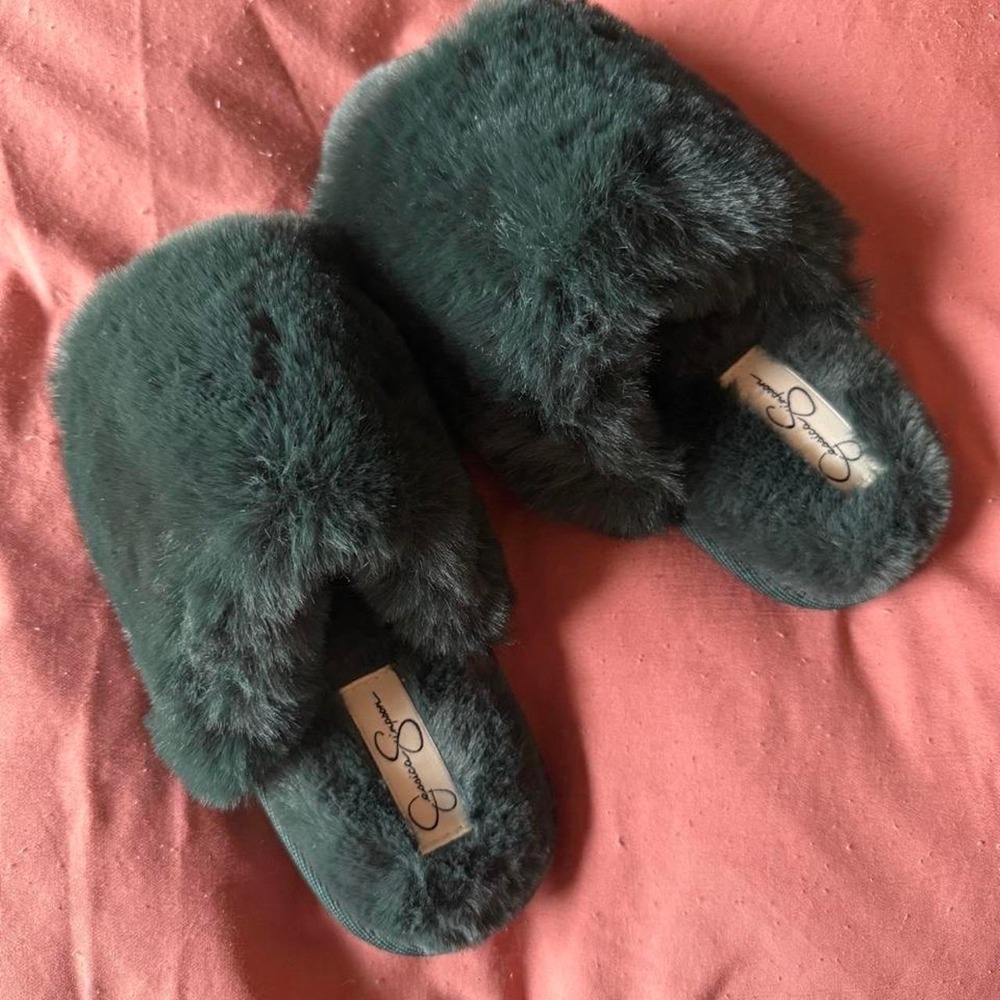 Jessica Simpson emerald green faux fur slippers